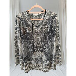 Belle Kim Gravel Embellished Black/Tan/White V-Neck Top-Size Small